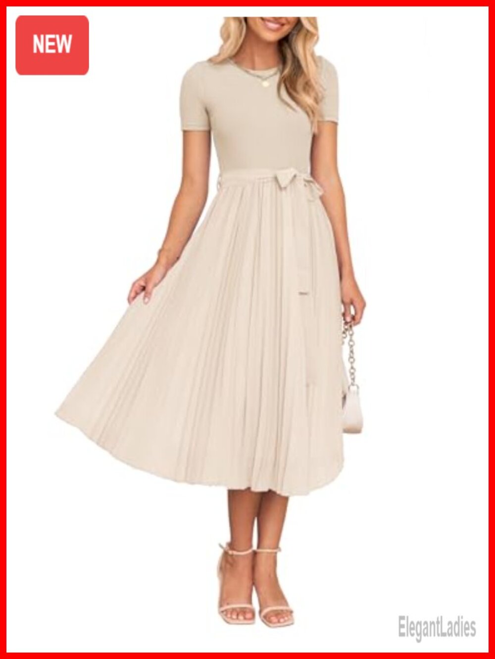 Rib Knit Short Sleeve Midi Dress with Detachable Belt Pleated A-Line